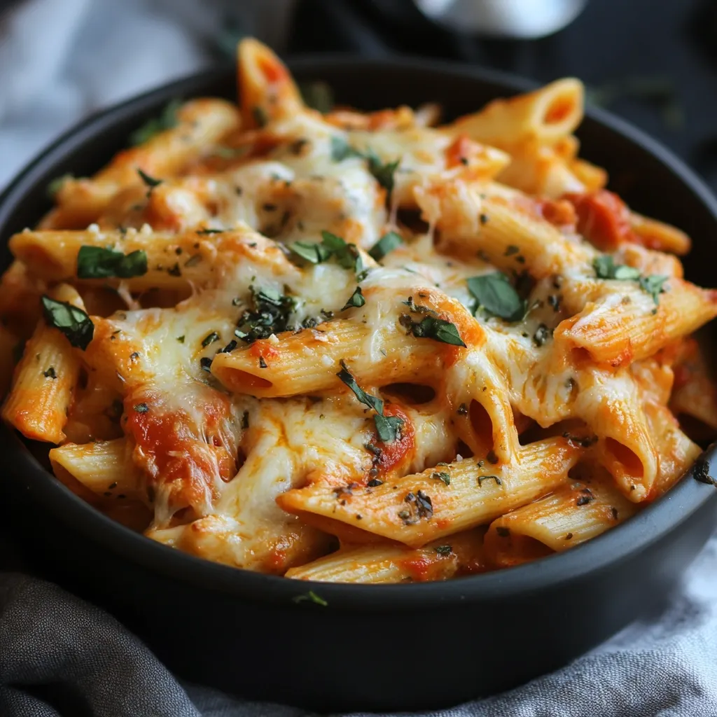 A close-up shot reveals a dark bowl brimming with penne pasta. The pasta is generously coated in a vibrant tomato sauce, topped with melted mozzarella cheese, and garnished with fresh basil leaves.  The cheese is gooey and stretches slightly, suggesting a warm, freshly baked dish. The overall appearance is appetizing and highlights the rich textures and colors of the ingredients.