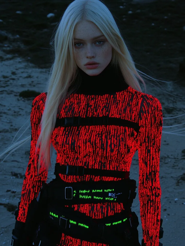 A young woman with long, platinum blonde hair stands on a dark beach. She wears a form-fitting, crimson bodysuit adorned with a pattern resembling glowing digital code.  Black tactical belts and pouches encircle her waist, adding a futuristic, dystopian element to her attire. Her expression is serious and slightly melancholic, her pale skin contrasting with the vibrant red of her outfit. The overall mood is dark, mysterious, and slightly cyberpunk.