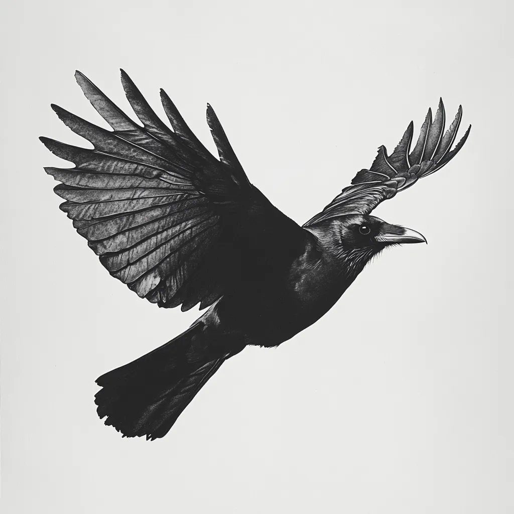 Here's a description of the image:

The monochromatic artwork showcases a crow in mid-flight against a stark white backdrop.  Rendered in exquisite detail, the crow's wings are fully spread, revealing the intricate structure of its feathers. Its body is sharply defined, highlighting the sleek form and powerful musculature. The bird's head is turned slightly, its gaze directed to the right, adding a sense of motion and purpose to the composition. The overall style is realistic, yet with a slightly stylized feel that emphasizes the bird's elegance and strength.