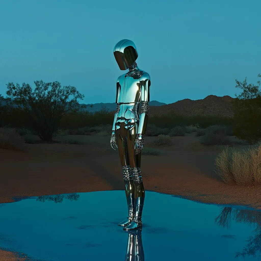 A chrome humanoid robot stands in a shallow puddle of water in a desert landscape.  The robot's head is bowed, its reflective surface mirroring the dusky blue sky.  The setting sun casts long shadows across the arid terrain, emphasizing the robot's solitary presence. Sparse desert vegetation surrounds the puddle, contrasting with the smooth metallic figure. The overall mood is one of quiet contemplation and isolation.