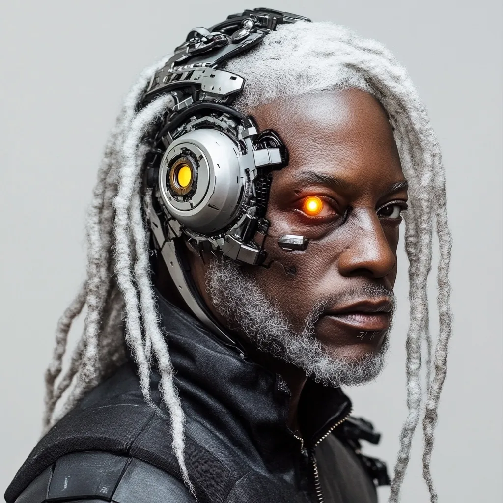 Here's a description of the image:

The close-up shot features a dark-skinned man with long, gray dreadlocks.  A significant portion of his head is adorned with a complex, metallic, biomechanical device.  This device includes a circular component with an illuminated orange center, possibly a prosthetic eye.  The man's expression is serious and intense. He wears a dark, possibly leather, jacket, suggesting a futuristic or cyberpunk aesthetic. The overall image evokes a blend of human and machine, creating a visually striking and intriguing portrait.