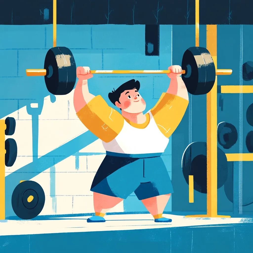 A cartoon illustration depicts a cheerful, chubby boy in a yellow shirt and blue shorts performing a barbell overhead press in a gym.  He's centered in the image, his expression one of concentration and slight exertion.  The gym's background features blue brick walls, weight racks with various sized weights, and other workout equipment, adding a sense of a home gym atmosphere. The style is vibrant and playful, with bold colors and slightly textured brushstrokes.