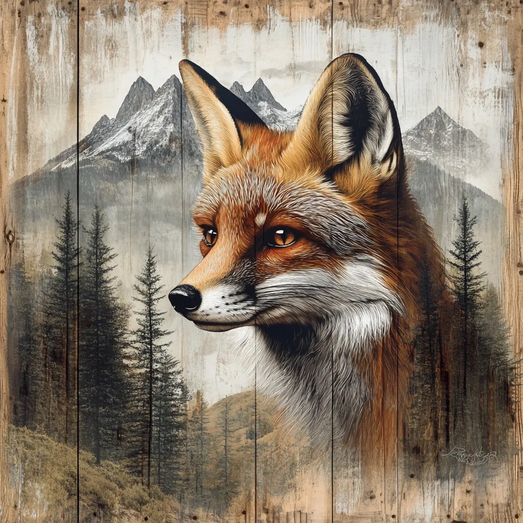 The image is a stylized depiction of a red fox's head and shoulders, rendered in a painterly style.  The fox is presented in profile, gazing towards the viewer's left.  The background features a rustic wooden texture, overlaid with a softly rendered landscape of snow-capped mountains and evergreen trees, creating a serene, woodland setting.  The overall effect is one of rustic charm and wildlife artistry.