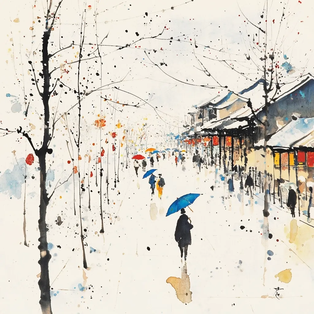 A watercolor painting depicts a snow-dusted street scene. Bare, spindly trees line a walkway leading to traditional-style buildings.  Small figures, some with umbrellas in vibrant colors, walk along the street. The style is loose and impressionistic, with splashes of color suggesting buildings and the sky. The overall mood is serene and slightly melancholic, capturing a quiet moment in a winter setting. The artist employs a light, almost ethereal touch, emphasizing atmosphere over detail.