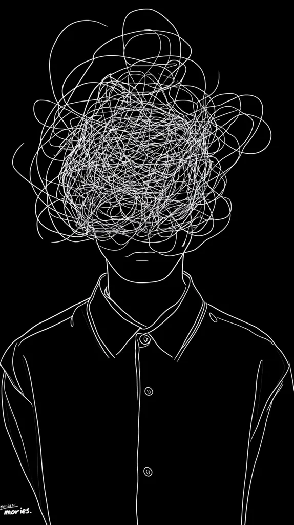 Here's a description of the image:

The image is a stark black and white line drawing. A person, depicted from the shoulders up, is shown wearing a collared shirt.  The head is obscured by a large, chaotic mass of white scribbled lines, suggesting a tangled or overwhelming mind. The contrast between the simple lines of the shirt and the complex, disordered lines of the head creates a striking visual metaphor, possibly representing mental stress, anxiety, or confusion. The overall aesthetic is minimalist and impactful.
