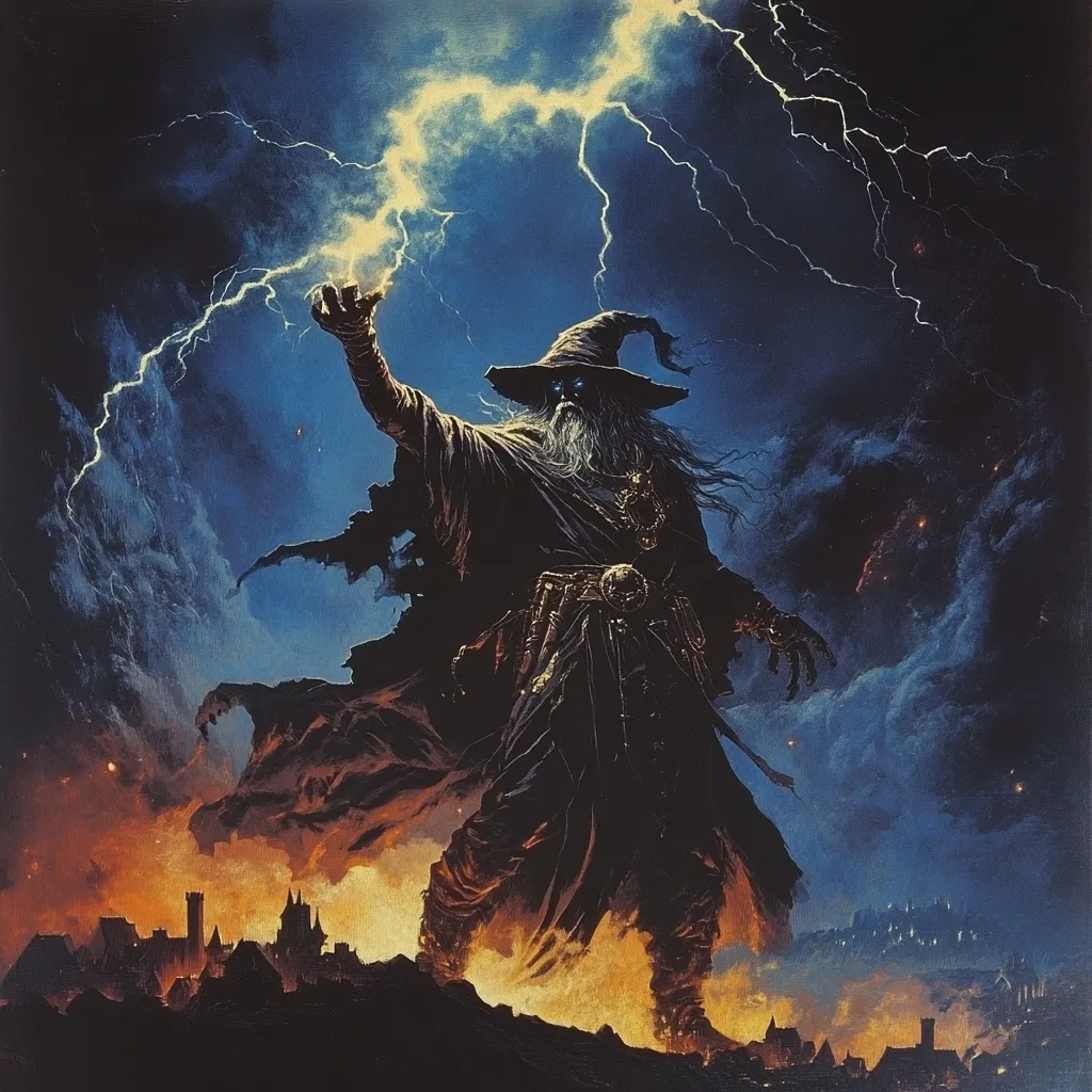 A powerful, aged wizard, cloaked in dark robes and a wide-brimmed hat, dominates the scene.  He commands a bolt of lightning emanating from his outstretched hand, his piercing gaze fixed on something unseen.  His imposing figure looms over a smoldering, medieval town beneath a turbulent, stormy sky. The overall mood is one of dark fantasy, suggesting immense power and potential destruction.  The image is dramatically lit, highlighting the wizard's control over the elements and the impending threat to the town below.