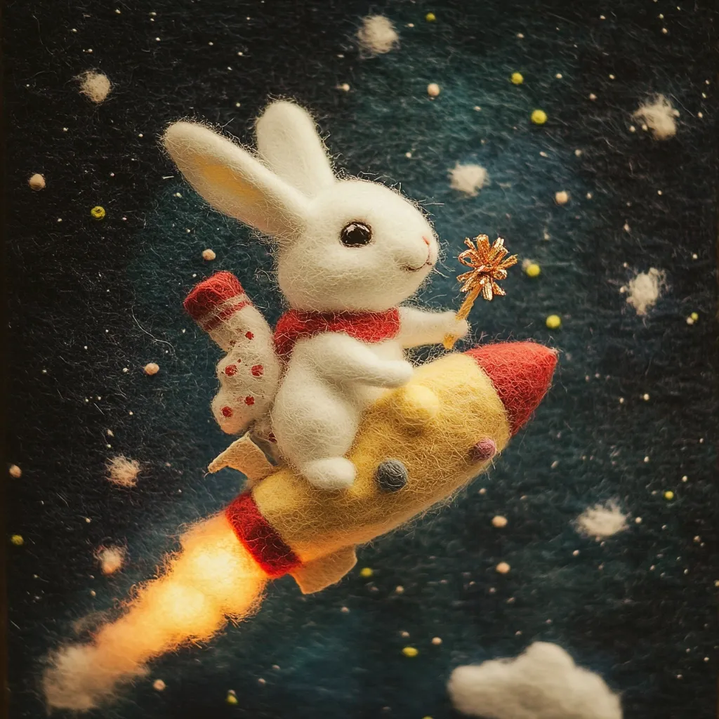 A charming needle-felted white rabbit, adorned with a red scarf and polka-dotted socks, sits atop a miniature yellow rocket.  The rocket blasts off, leaving a glowing trail against a dark, starry backdrop sprinkled with small, twinkling lights and fluffy clouds. The rabbit holds a golden sparkler, adding to the whimsical, magical scene.  The entire image is crafted with a soft, textured aesthetic, creating a dreamy and enchanting atmosphere.