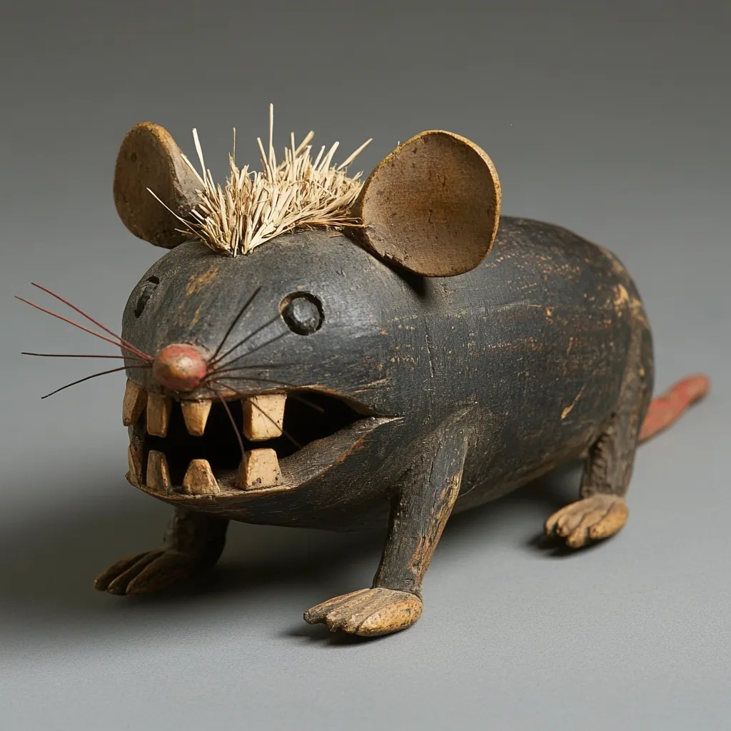 Here's a description of the image:

The photograph shows a handcrafted wooden mouse, seemingly a folk art piece. It's dark-colored, possibly stained black, with exaggerated features. The mouse has large ears, prominent teeth, and a spiky tuft of light-colored material atop its head. Its paws and tail are detailed, and a hint of red is visible on its nose and tail.  The wood grain is visible, suggesting a rustic, possibly antique, origin. The overall impression is one of a whimsical, almost menacing, caricature of a rodent. The background is a neutral gray, focusing attention on the carved figure.