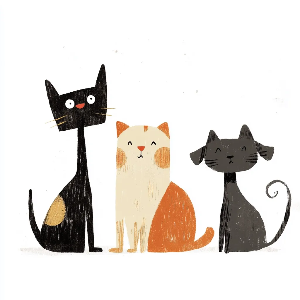 Here's a description of the image:

The illustration features three stylized cats sitting side-by-side against a white background. The cat on the left is predominantly black with a small patch of orange on its side, showcasing a playful expression. The center cat is a cream and orange tabby, its face and body displaying a friendly demeanor. The cat on the right is dark grey, with slightly droopy ears and a curled tail, giving it a more subdued appearance.  The cats are rendered in a textured, slightly rough style reminiscent of crayon or charcoal drawing. The overall feel is charming and childlike.