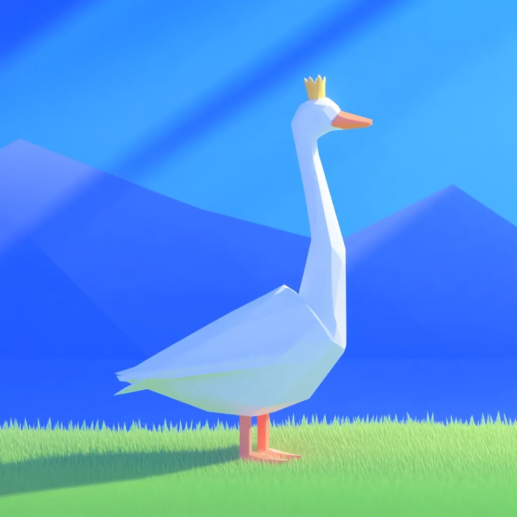 Here's a description of the image:

The image showcases a low-poly 3D rendering of a white swan, adorned with a small golden crown, standing proudly on a vibrant green grassy patch.  The background features stylized, low-poly blue mountains under a clear, bright blue sky.  Sunlight streams down, casting shadows. The overall style is simple, clean, and evokes a sense of serenity and whimsy. The swan's posture is regal, and its simple geometric form contrasts beautifully with the more organic texture of the grass.