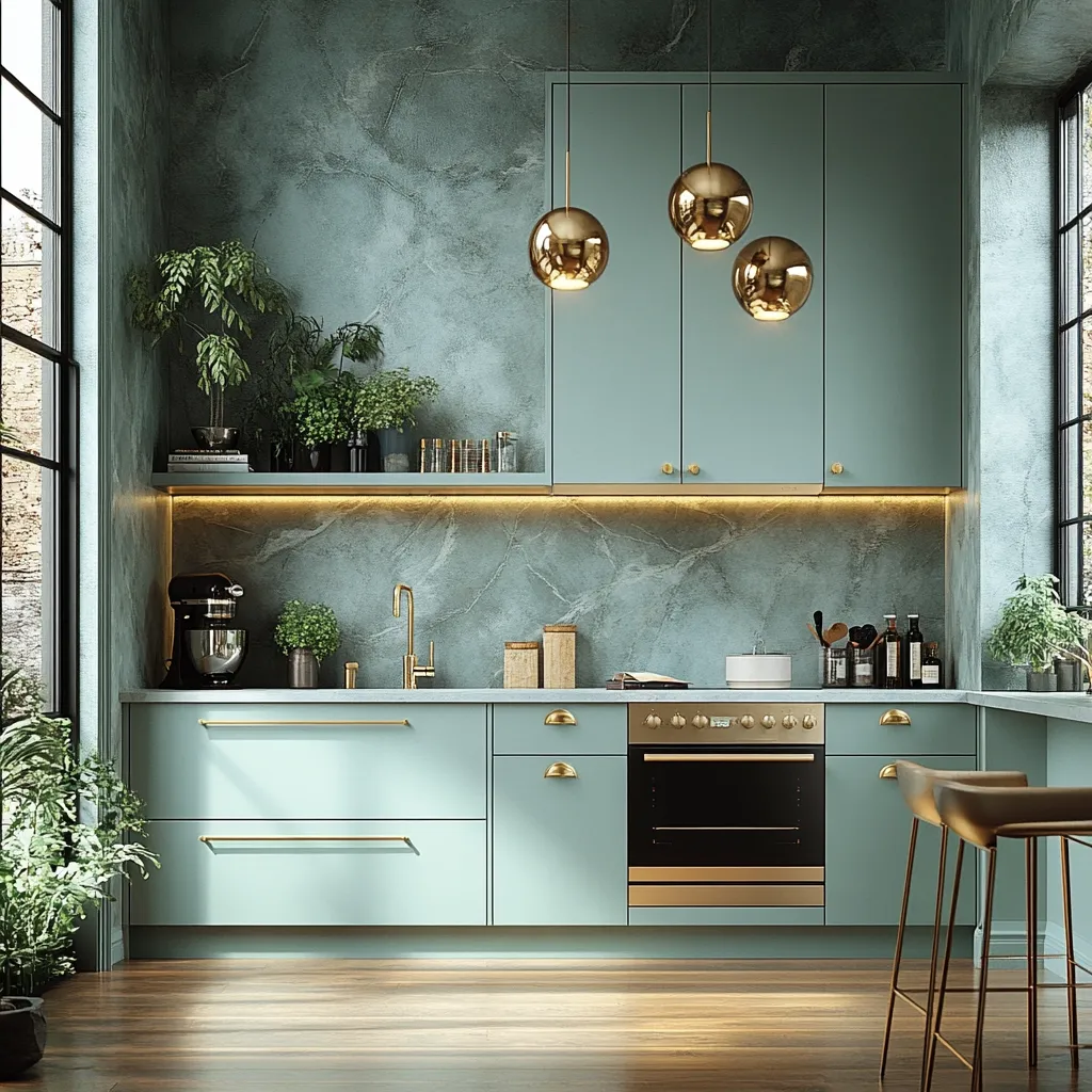 Here's a description of the image:

A stylish, modern kitchen is shown, featuring soft seafoam green cabinets and countertops. Gold accents are present in the hardware, three globe pendant lights, and the oven's trim.  The backsplash is a light green marble.  Small potted plants add touches of greenery to the shelves and countertop. The kitchen is well-lit and appears spacious, with large windows offering natural light.  The overall aesthetic is clean, sophisticated, and calming.  Two gold bar stools are partially visible in the bottom right corner.