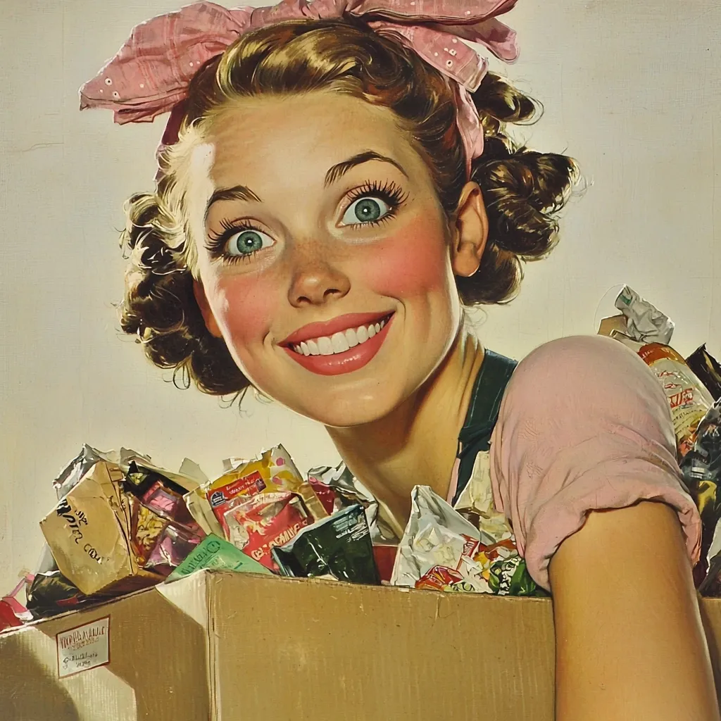 Here's a description of the image:

A close-up, stylized painting depicts a smiling woman with rosy cheeks and wide, expressive green eyes.  She's wearing a pink headband and a light pink sleeveless top, and is playfully peeking over a cardboard box overflowing with assorted colorful snack foods and packaging.  Her curly, light brown hair is styled in a vintage manner, characteristic of mid-20th-century pin-up art. The overall style is reminiscent of classic American advertising illustrations, vibrant and cheerful.