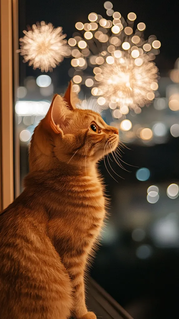 A ginger tabby cat sits by a window, gazing at a vibrant fireworks display outside. The cat's fur is a rich, warm orange, and its profile is sharply defined against the blurry, glittering backdrop of the nighttime city and fireworks.  The bokeh effect on the out-of-focus lights creates a magical atmosphere. The cat appears captivated by the spectacle.