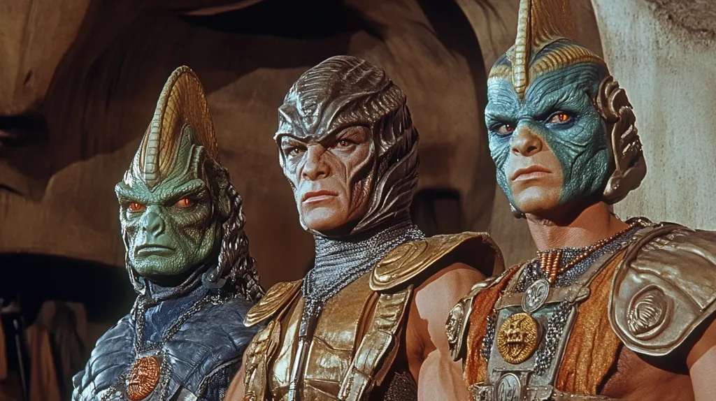 Here's a description of the image:

The image shows three alien figures, possibly from a science fiction film or television show, standing shoulder-to-shoulder.  They are elaborately costumed in metallic and textured garments. Their headpieces are distinct and ornate, each with a unique design featuring points or crests.  Facial makeup and prosthetics give each alien a different appearance, with varying skin tones and facial features. The central figure appears more human-like, while the figures on either side have reptilian or amphibian qualities. The background is a dark, rocky cave-like setting.  The overall impression is one of power and otherworldly presence.