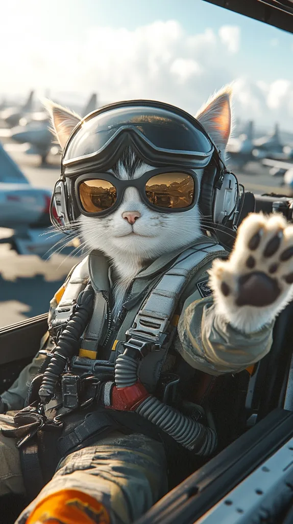 Here's a description of the image:

The image showcases a whimsical and digitally enhanced portrayal of a cat dressed in a pilot's outfit.  The feline is wearing a black flight helmet with goggles, a camouflage jumpsuit, and a harness. Its paws rest on the controls of a cockpit, with fighter jets visible in the background on a sun-drenched tarmac. One paw is extended, seemingly gesturing towards the viewer.  The cat's expression is calm and composed, adding to the humorous juxtaposition of the scene. The overall style is photorealistic, yet fantastical.
