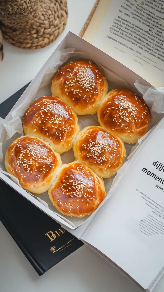 Here's a description of the image:

A white box sits atop a black book, overflowing with six golden-brown buns.  Each bun is generously sprinkled with sesame seeds and appears soft and freshly baked. The buns are arranged neatly in the box, which is lined with white parchment paper.  A portion of an open book with illegible text is visible beside the box.  The overall scene is warm and inviting, suggesting a cozy setting with freshly baked bread.