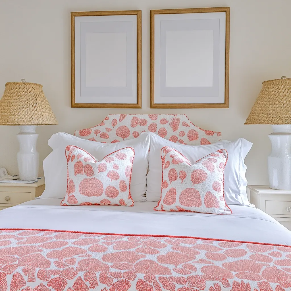 Here's a description of the image:

A neatly made bed features a white duvet cover and a coral-colored throw blanket adorned with a delicate sea coral pattern.  Matching coral pillows with white piping rest on crisp white pillowcases. The headboard, also in the coral pattern, sits beneath two framed pictures on the wall.  Woven, light-brown lamps with white bases flank the bed on matching white nightstands. The overall style is clean, bright, and coastal.