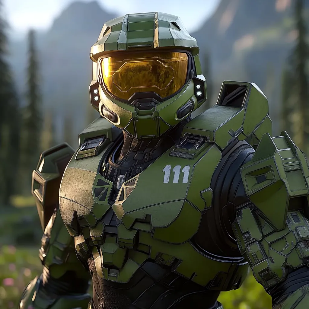 Here's a description of the image:

Close-up view of a Spartan soldier, likely from the Halo video game series, clad in olive-green power armor. The armor is highly detailed, showing various textures and panels. The helmet features a yellow visor, reflecting light. The number "111" is clearly visible on the chest plate. The background is softly blurred, suggesting a natural outdoor setting with trees and mountains in the distance, bathed in soft, warm light, possibly suggesting dawn or dusk. The overall mood is one of serious intensity and readiness for action.