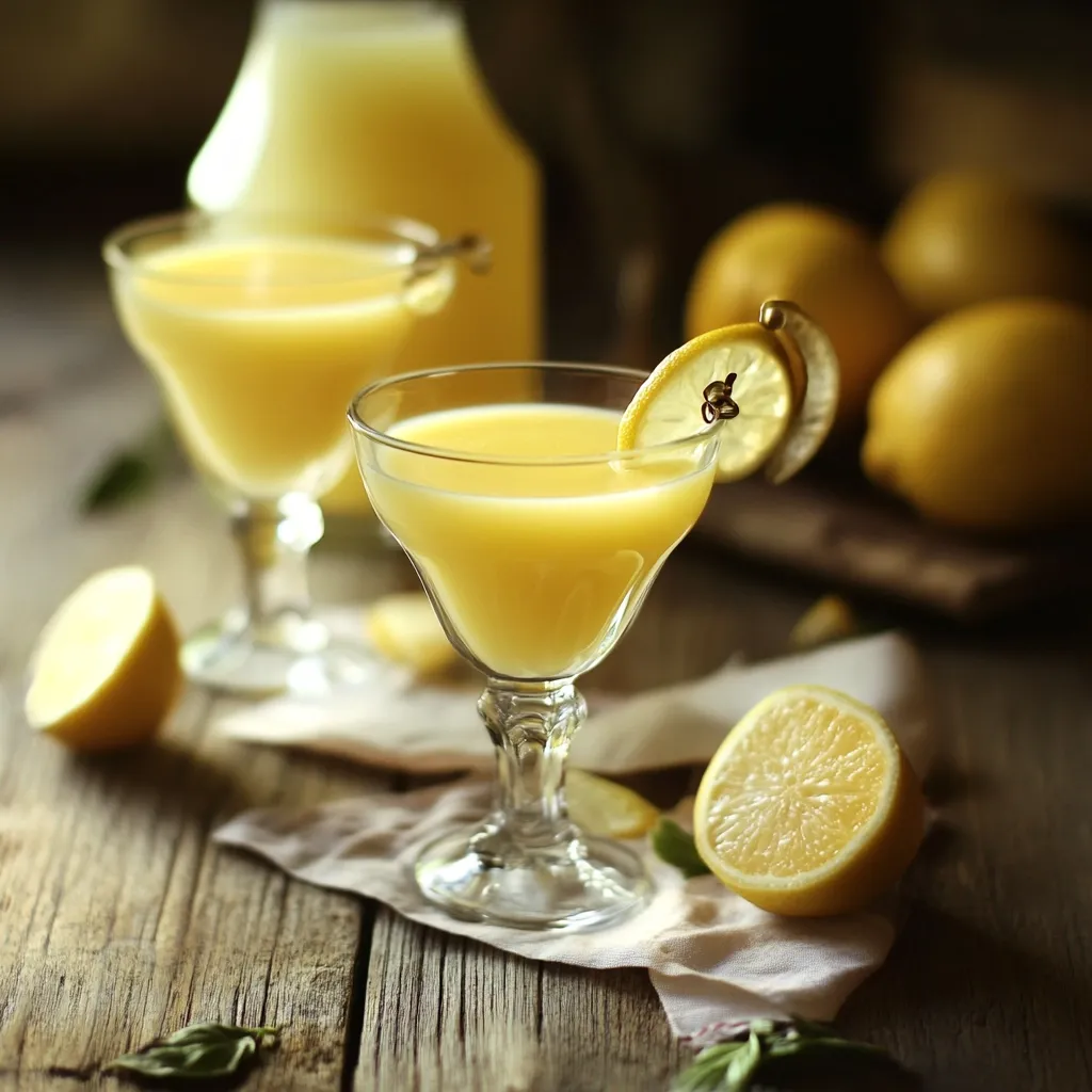 Two stemmed glasses filled with a bright yellow lemonade sit on a rustic wooden table.  A lemon slice garnishes one glass.  A pitcher of lemonade is visible in the background, along with several whole lemons.  The scene is softly lit, creating a warm and inviting atmosphere, suggesting a refreshing summer beverage.  A linen napkin rests beneath the glasses, adding a touch of elegance.
