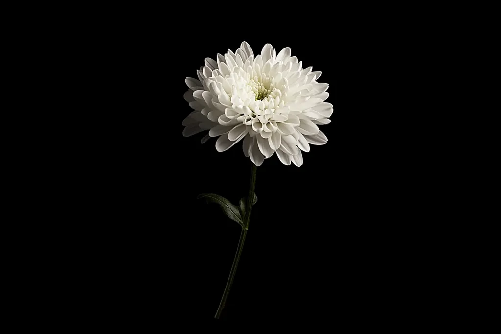 A single, pristine white chrysanthemum stands out against a stark black background.  Its numerous delicate petals form a full bloom, the center a subtle, lighter shade.  The slender stem, bearing a few leaves, extends gracefully downwards. The image is a study in contrast, highlighting the flower's purity and elegance. The minimalist composition emphasizes the flower's beauty and simplicity.