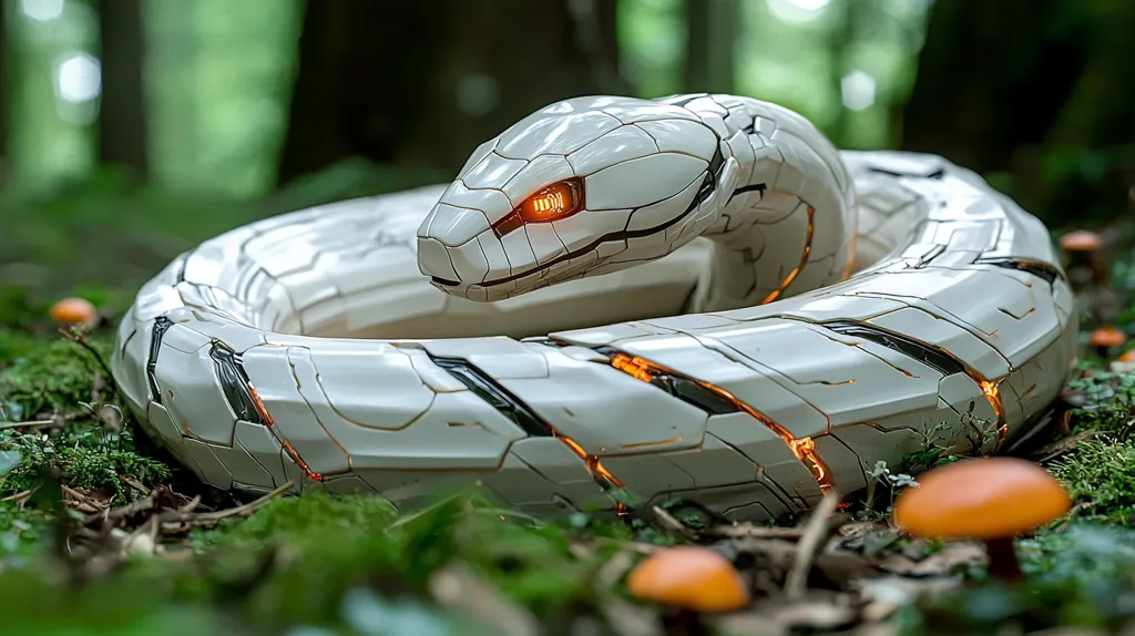 A robotic snake, predominantly white with segmented, cracked plating, rests in a forest setting.  Glowing orange accents highlight the cracks and illuminate its eyes.  The snake's body is coiled, creating a circular form.  The background is blurred, showing a lush green forest floor with small orange mushrooms scattered around the robotic reptile.  The image suggests a futuristic or science fiction theme, blending organic and technological elements.