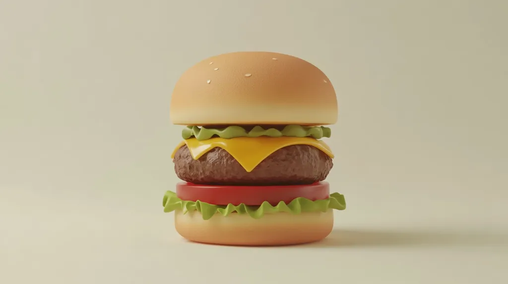 Here's a description of the image:

The image shows a stylized, cartoonish hamburger against a pale beige background. The burger is composed of a sesame-seed bun, a juicy-looking beef patty topped with a slice of melting cheese, a red tomato slice, and lettuce.  The rendering is smooth and slightly glossy, giving it a 3D-model-like appearance.  The overall style is clean and simple, with a focus on the bright colors and appealing texture of the burger.