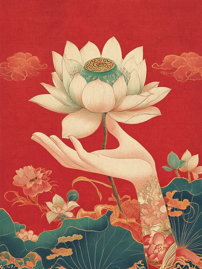Against a vibrant red background, a delicate hand gently cradles a pristine white lotus blossom.  The lotus's central pistil is a striking teal and gold.  Stylized clouds and additional lotus flowers, rendered in shades of pink and green, surround the central figures. The style evokes traditional East Asian art, with gold accents adding richness to the composition. The overall impression is one of serenity and grace.