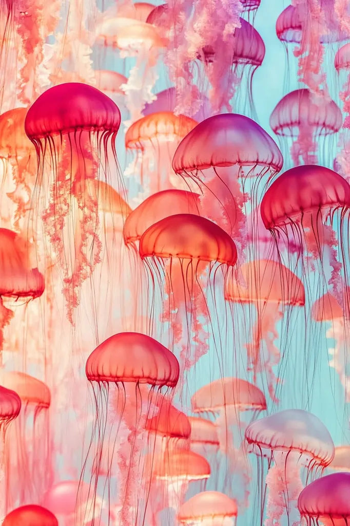 A vibrant underwater scene showcases numerous jellyfish, predominantly in varying shades of pink and orange.  Their translucent bells and delicate, trailing tentacles create a visually captivating effect against a soft, light-blue backdrop. The jellyfish appear to be clustered together, creating a sense of depth and movement within the aquatic environment. The overall image is ethereal and aesthetically pleasing, highlighting the beauty of marine life.