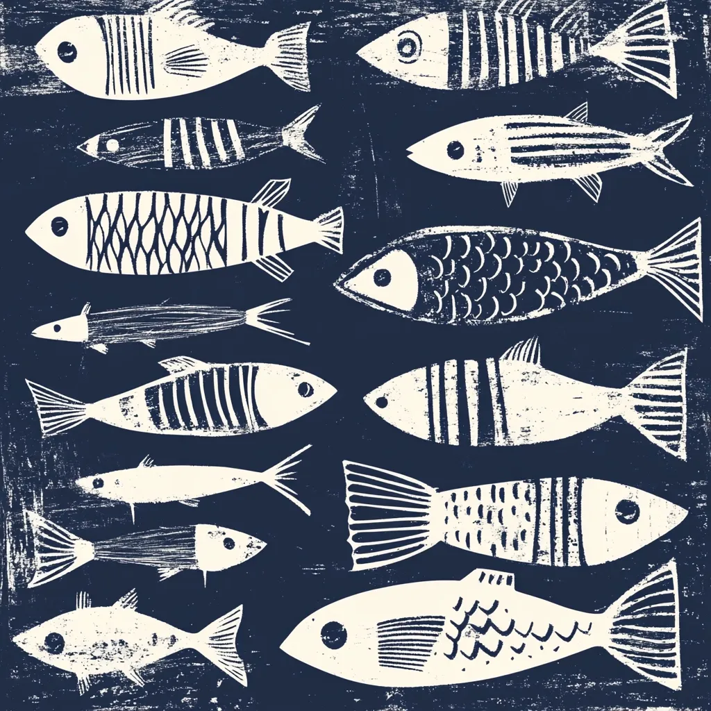A navy blue background is filled with a collection of stylized fish, rendered in off-white.  Each fish is unique, featuring various patterns like stripes, scales, and dots, created with a textured, possibly linocut-inspired, style. The fish vary in size and orientation, creating a dynamic, almost school-like composition. The overall aesthetic is simple yet visually engaging, suggesting a nautical or maritime theme. The rough texture of the background adds depth and complements the hand-printed appearance of the fish.