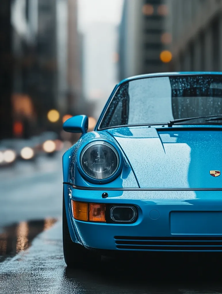 Here is a description of the image:

The image shows the front of a classic, light blue Porsche 911 Carrera, parked on a rain-slicked city street.  Raindrops cling to the car's smooth, polished surface.  The background is blurred, showcasing a city setting with tall buildings and soft streetlights. The focus is sharply on the car's details, including its headlights, amber turn signal, and the Porsche emblem. The overall mood is one of sleek sophistication and classic automotive beauty.