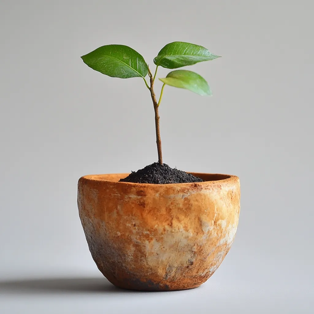 A small, vibrant green plant with three leaves sprouts from dark soil nestled in a rustic, earthy-toned ceramic pot. The pot is wide and shallow, exhibiting an uneven, textured surface with variations in color ranging from light beige to burnt orange.  The contrast between the plant's fresh green and the pot's muted tones creates a visually appealing image of new growth and simple elegance. The background is a plain, light grey.