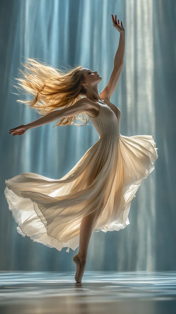 A ballerina, poised on pointe, gracefully extends one arm skyward.  Her flowing, light beige dress billows around her as her long blonde hair streams behind her.  She's captured mid-leap against a backdrop of soft, vertical blue light, creating a dreamy, ethereal atmosphere. The image emphasizes the fluidity and elegance of ballet.