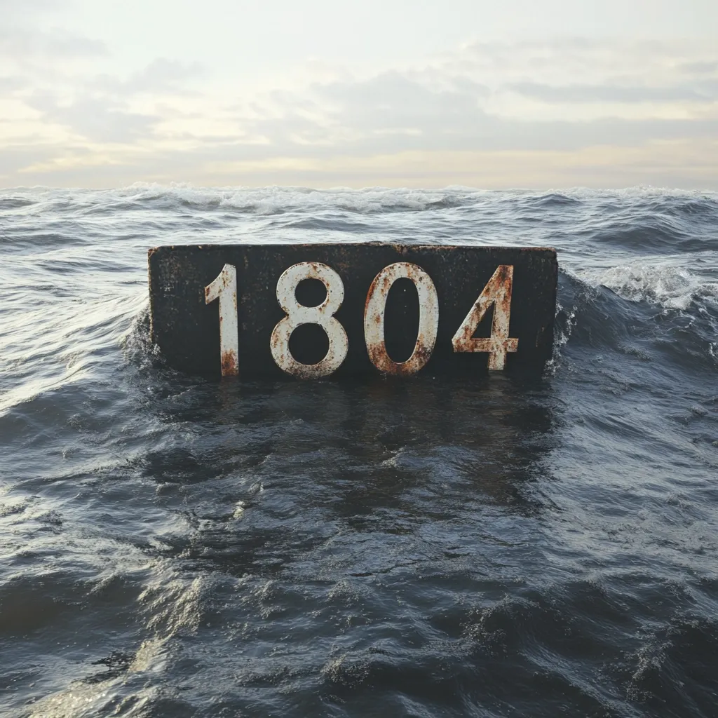 Here's a description of the image:

A weathered, dark rectangular sign partially submerged in a choppy sea is the focal point.  The number "1804" is prominently displayed in faded white paint on the sign.  The water is dark and turbulent, suggesting a somewhat stormy or at least active ocean. The sky is overcast with soft, muted light. The overall mood is somber and mysterious, hinting at a sense of age and perhaps abandonment.
