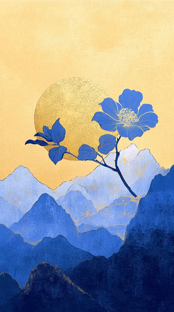 Here's a description of the image:

The artwork presents a serene landscape in a minimalist style. A large, golden sun, textured with fine speckles, dominates the upper portion, partially obscured by a single blue flower and stem extending from the right.  The flower, rendered in a vibrant blue with delicate line details, has five prominent petals and a detailed center.  Below, a range of layered, textured blue mountains stretches across the lower half, creating a sense of depth and tranquility. The color palette is limited to shades of blue and gold, enhancing the image's peaceful atmosphere.  The overall style evokes a sense of calm and artistic sophistication.