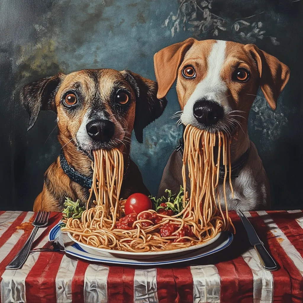 Here's a description of the image:

A meticulously detailed painting depicts two dogs, a Jack Russell and a small terrier mix, gleefully devouring a large plate of spaghetti and meatballs.  Their mouths are full, with long strands of pasta hanging down.  A single cherry tomato rests atop the saucy dish. The dogs are positioned at a table with a red and white striped tablecloth, and simple cutlery is present. The background is a dark, textured canvas suggesting a classical oil painting style. The overall mood is humorous and slightly chaotic, contrasting the detailed realism of the artwork.