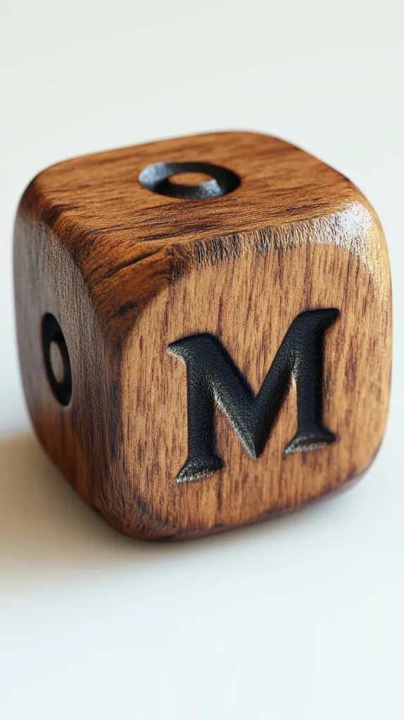 Here's a description of the image:

Close-up view of a dark brown wooden cube, appearing to be a letter die or game piece. The cube has a capital "M" deeply carved into one face, with a smaller, partially visible symbol on an adjacent side. The wood grain is visible and the cube has a rich, slightly glossy finish. The background is a plain, off-white surface. The overall impression is one of handcrafted quality and possibly a component of a board game or personalized gift.