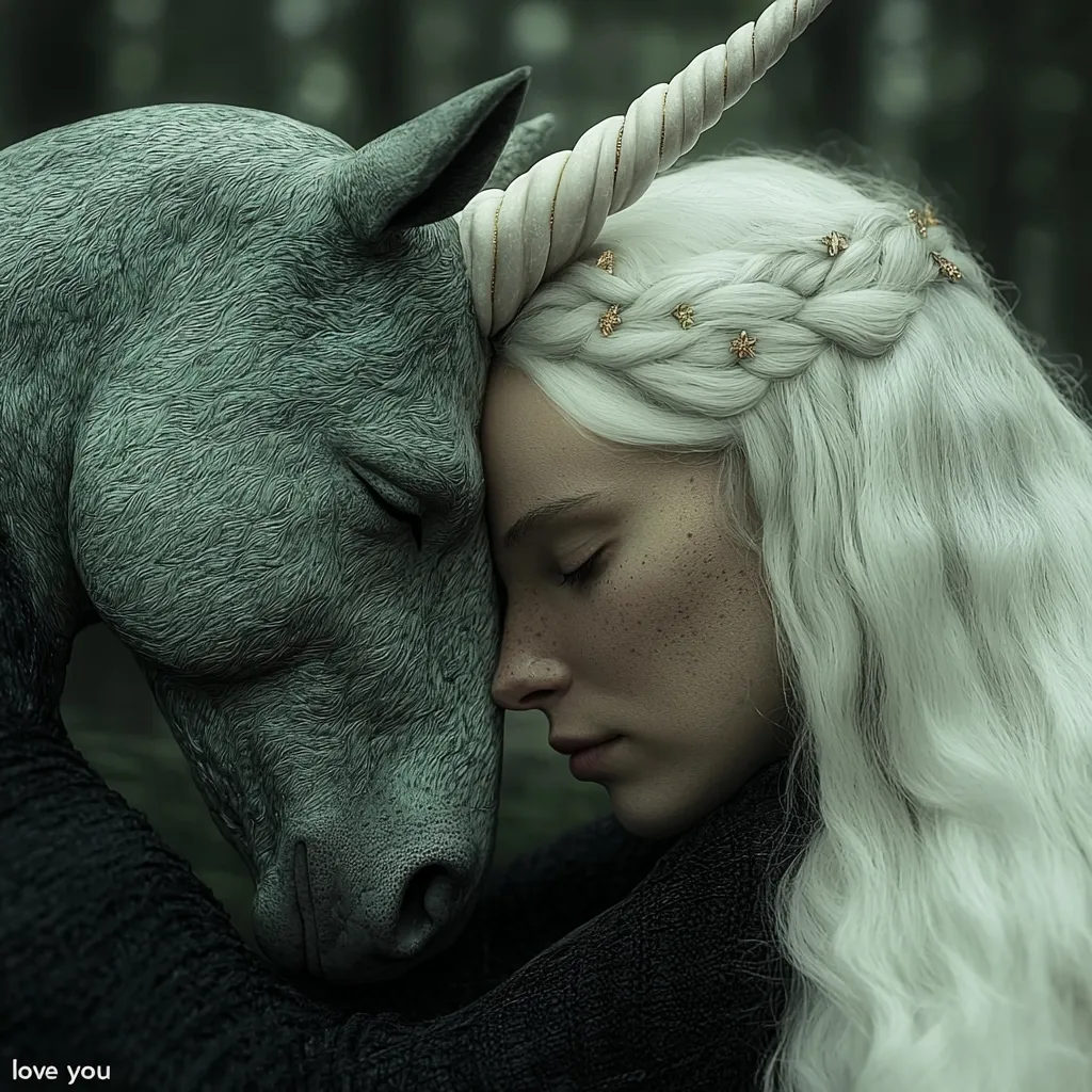 A young woman with long, white, braided hair adorned with small gold stars rests her forehead against a gray unicorn.  Her eyes are closed, conveying serenity. The unicorn's horn is pale gold with a delicate, twisted design.  The setting appears to be a dark, forest-like environment, adding to the mystical and ethereal quality of the image. The overall mood is one of peaceful connection and magical intimacy.  The caption "love you" further emphasizes the bond between the woman and the creature.