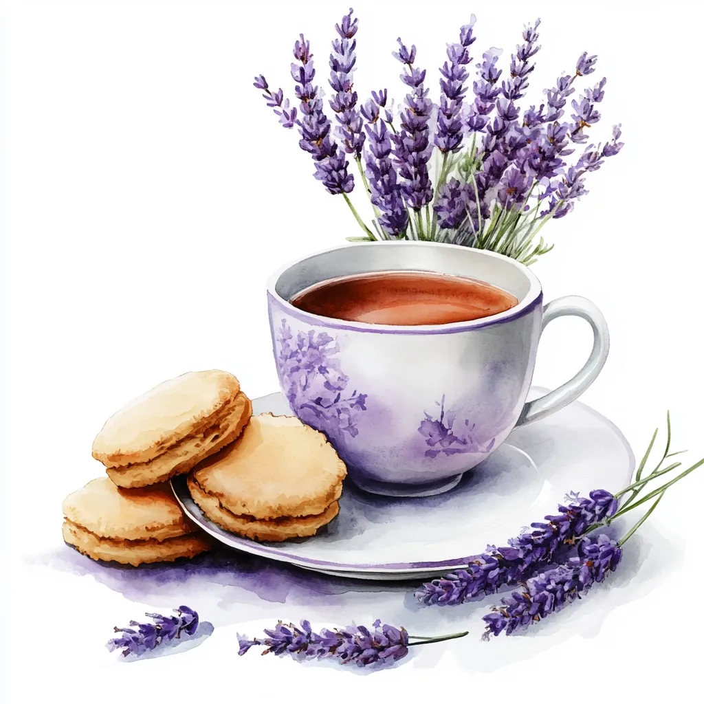 Here's a description of the image:

A watercolor painting depicts a serene tea break. A delicate purple teacup, adorned with a floral pattern, sits on a matching saucer, filled with steaming tea.  Beside it, three light brown cookies are arranged invitingly.  Bunches of lavender, both upright and lying near the saucer, add a touch of purple elegance to the composition, creating a calming and aromatic atmosphere. The background is stark white, highlighting the soft colors of the scene. The style is reminiscent of a vintage botanical illustration.