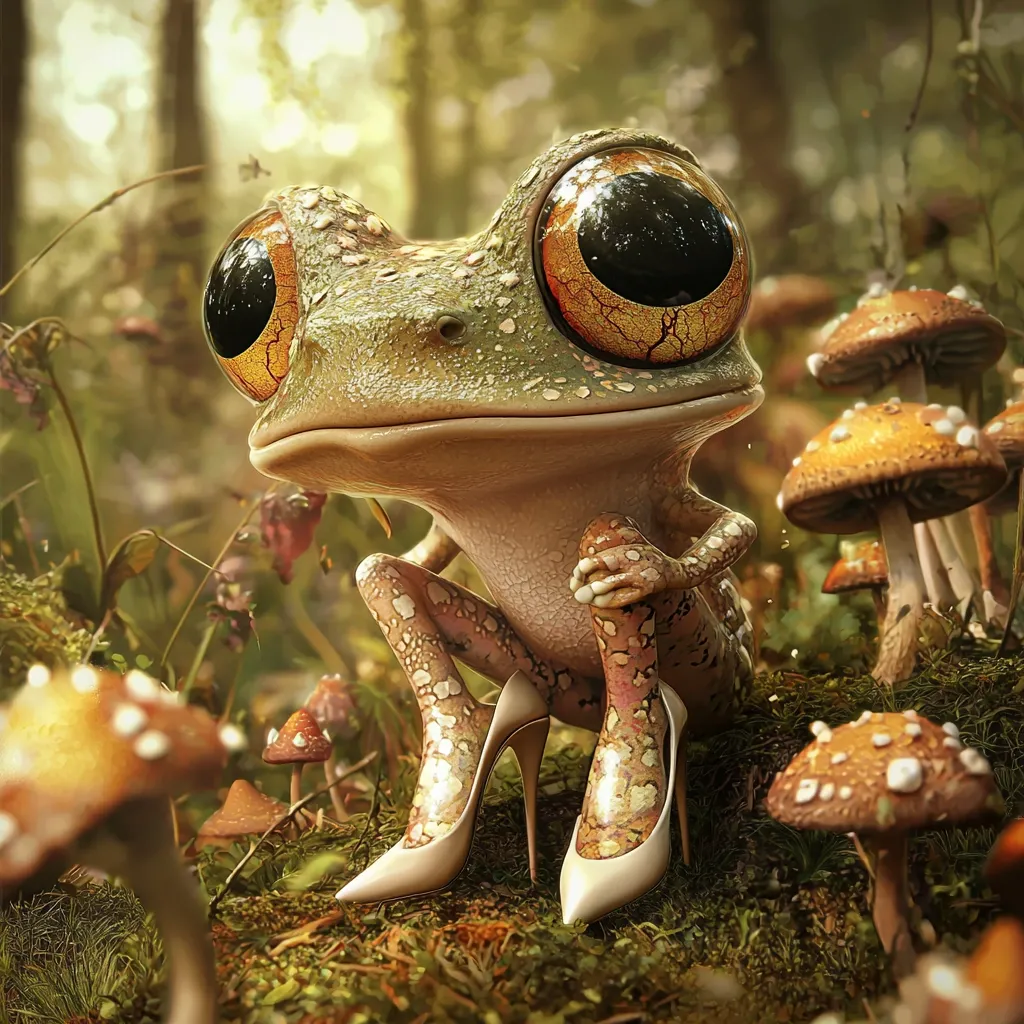 A whimsical 3D rendering depicts a cartoon frog with oversized, expressive eyes.  The frog, seated amidst a cluster of toadstools in a forest setting, is elegantly dressed in high-heeled shoes with a shimmering, gold-like pattern matching its speckled skin. The scene is soft-lit, creating a magical and enchanting atmosphere.  The frog's posture suggests a poised and sophisticated demeanor, contrasting its amphibian nature.