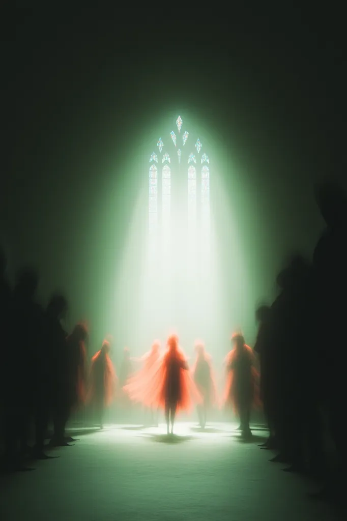 A digitally rendered image depicts a dimly lit, possibly cathedral-like space. A stained-glass window glows faintly in the background, casting a soft light on a group of figures. The figures are blurred and indistinct, mostly in dark shades, appearing ghostly or ethereal.  A single figure in a flowing, light coral garment is positioned centrally, facing the viewer, more defined than the surrounding crowd. The overall atmosphere is mysterious and contemplative.