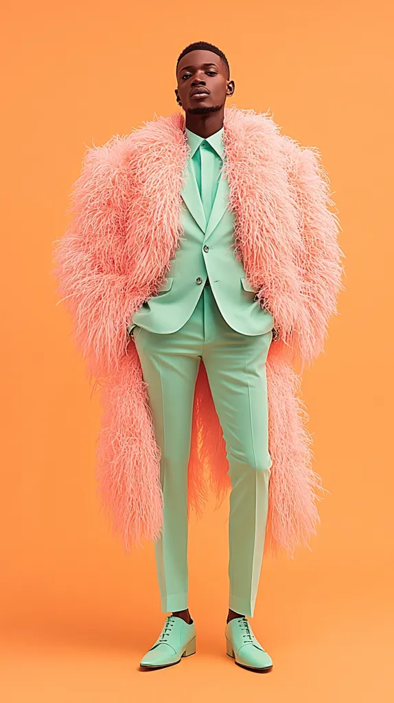A stylish young man poses against a vibrant orange backdrop. He's dressed in a mint green suit, complemented by a long, fluffy pink coat.  The color combination creates a striking contrast. His mint green shoes match his suit, completing the bold and fashionable look. The image is brightly lit and sharply focused, showcasing the details of the outfit and the model's confident stance.