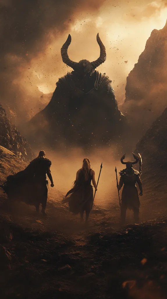 Three figures, silhouetted against a fiery, dust-filled landscape, walk towards a colossal, horned demon.  The demon looms large, a dark and ominous presence dominating the scene. The warriors, armed with spears, appear small and vulnerable in the face of such overwhelming power.  The setting suggests a desolate, possibly post-apocalyptic or fantasy world, steeped in an atmosphere of impending doom.  The overall tone is dark, dramatic, and evokes a sense of epic struggle.