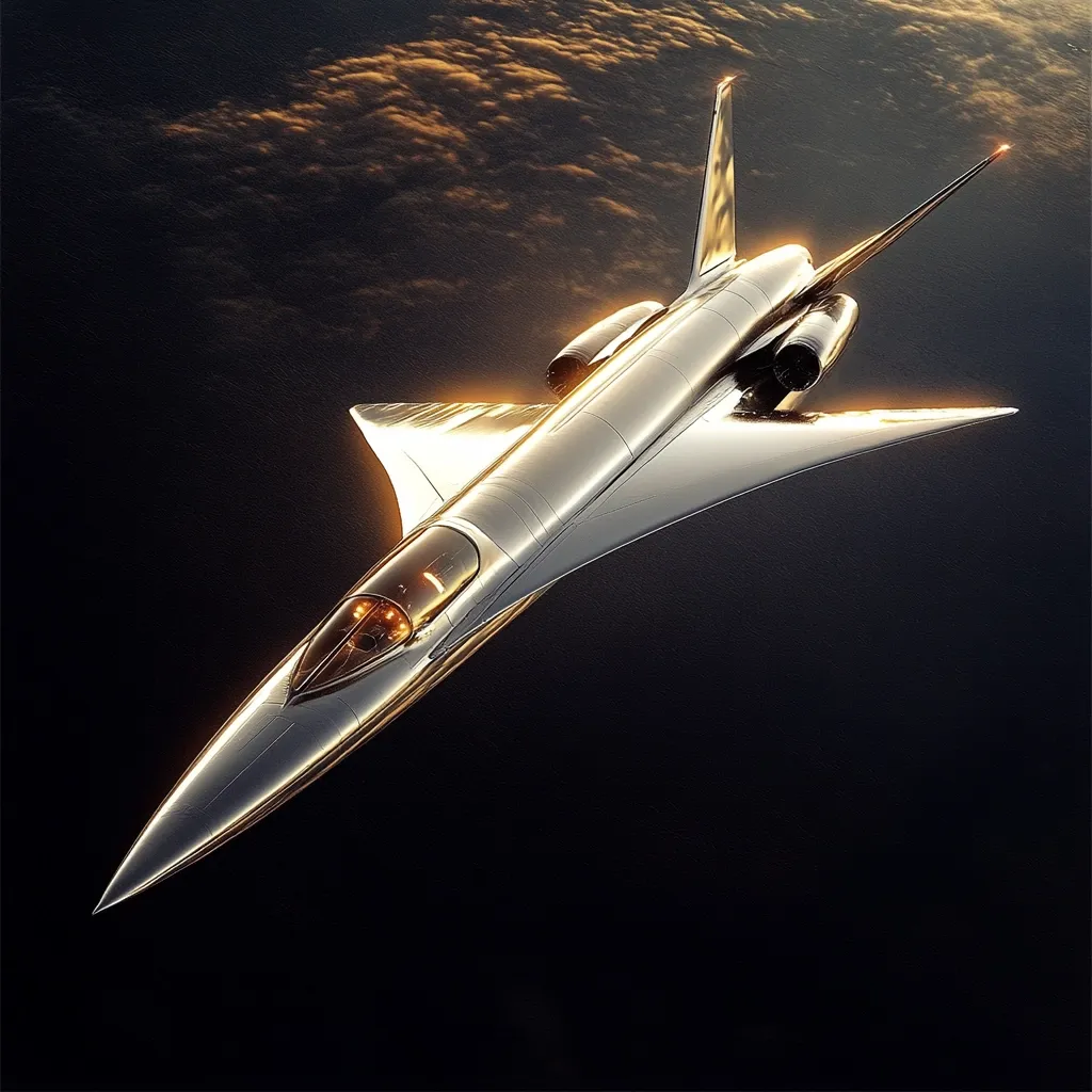 Here's a description of the image:

The image shows a sleek, futuristic fighter jet soaring through a dark sky.  The aircraft is predominantly metallic silver, reflecting a warm, golden light from the clouds or setting sun visible in the background. Its design is streamlined and angular, with sharp wings and a pointed nose.  The cockpit is visible and illuminated, suggesting it is active. The overall impression is one of speed, power, and advanced technology. The jet appears to be flying at a relatively high altitude, above a layer of clouds.