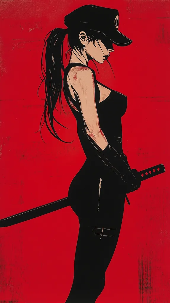 Here's a description of the image:

The artwork is a stylized portrait of a woman, rendered in stark black and red.  She is depicted in profile, her long black hair pulled back in a ponytail. She wears a black cap, a sleeveless black top, and black pants.  A katana is held across her body, resting on her hip. The woman's pose is confident, and the red background enhances the dramatic effect.  Scratches or texture are visible on her skin, possibly suggesting wounds or battle scars, adding to her tough demeanor. The overall style is bold and graphic, with a strong emphasis on contrast and silhouette.