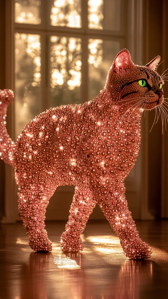 A stunning sculpture of a cat is captured in this image.  The cat, seemingly in motion, is crafted entirely from what appears to be thousands of small, rose-gold beads, each catching the light. The beads create a shimmering, almost luminous effect. The cat's green eyes stand out against the rosy hue, adding a touch of realism to the artistic representation.  The sculpture is positioned indoors, near a sunlit window, casting soft shadows on the polished wooden floor. The overall impression is one of luxury and artistry.