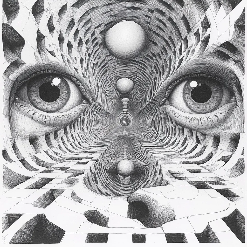 A detailed black and white drawing depicts a pair of intensely realistic eyes flanking a receding tunnel of interlocking geometric shapes.  Three spheres are suspended within the tunnel's depth, creating a sense of perspective and depth. The overall style is surreal and intricate, suggesting a journey into the subconscious or a distorted perception of reality.  The shading and line work are meticulous, emphasizing the three-dimensional effect of the artwork. The image is both captivating and slightly unsettling.
