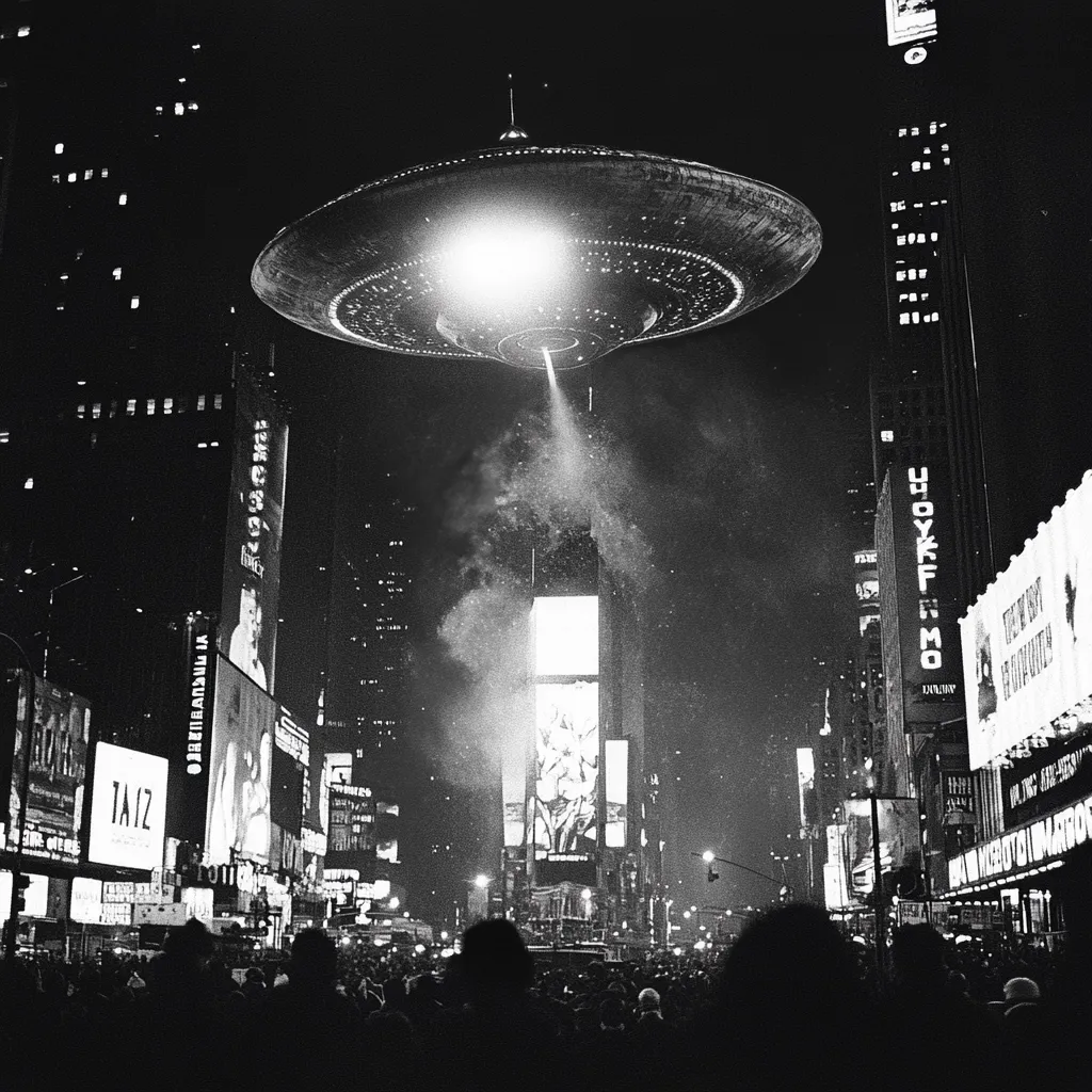 A black and white image depicts a large, classic-style flying saucer hovering over Times Square in New York City at night. A beam of light shines down from the craft, illuminating a crowd gathered below. The city's bright billboards and tall buildings create a stark contrast against the dark night sky, enhancing the dramatic effect of the UFO's presence. The scene evokes a sense of wonder and otherworldliness, juxtaposing the futuristic spacecraft with the bustling energy of a modern metropolis.