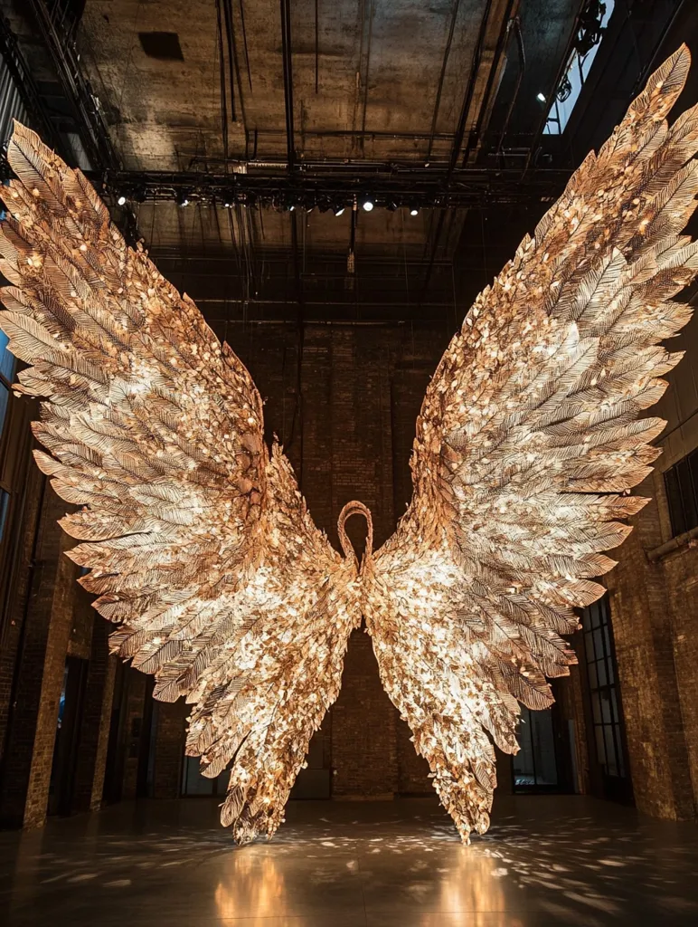 A large-scale art installation dominates a dimly lit industrial space.  It depicts a pair of enormous, intricately detailed golden wings, seemingly made from countless individual, illuminated pieces.  The wings create a powerful and ethereal presence, their light reflecting on the polished floor.  The background features exposed brickwork and a high ceiling, enhancing the artwork's dramatic scale and impact. The overall mood is one of awe and wonder.