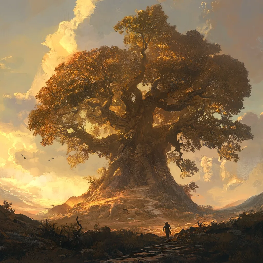 A lone figure walks a path towards a colossal, ancient oak tree, bathed in the warm glow of a setting sun. The tree's massive trunk and sprawling branches dominate the landscape, its golden leaves suggesting autumn.  A serene, almost mystical atmosphere permeates the scene, with soft clouds drifting across a pastel sky.  The surrounding terrain is hilly and sparsely vegetated, emphasizing the tree's immense scale and age. The overall impression is one of timeless grandeur and quiet contemplation.