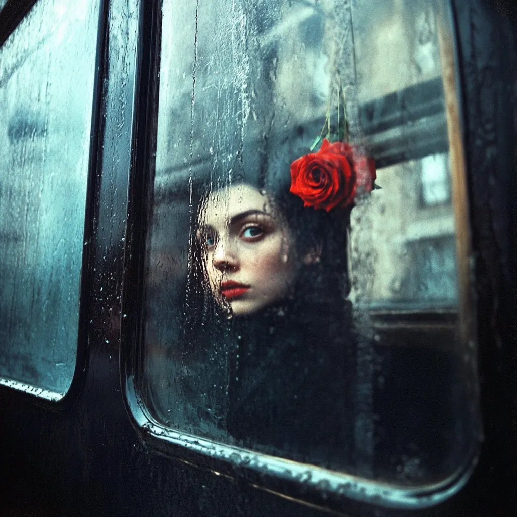 A young woman with a red rose in her hair gazes out from a rain-streaked window of a dark vehicle.  The rain obscures her features slightly, creating a melancholic atmosphere.  She appears pensive, her expression hinting at contemplation or sadness. The dark colors and the wet window contribute to a mood of mystery and introspection. The image is evocative and artistically composed.
